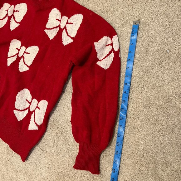 SHEIN | Warm Vibrant Red *Holiday Sweater* w/ White Bows | Slight Balloon Sleeve - Picture 7 of 11
